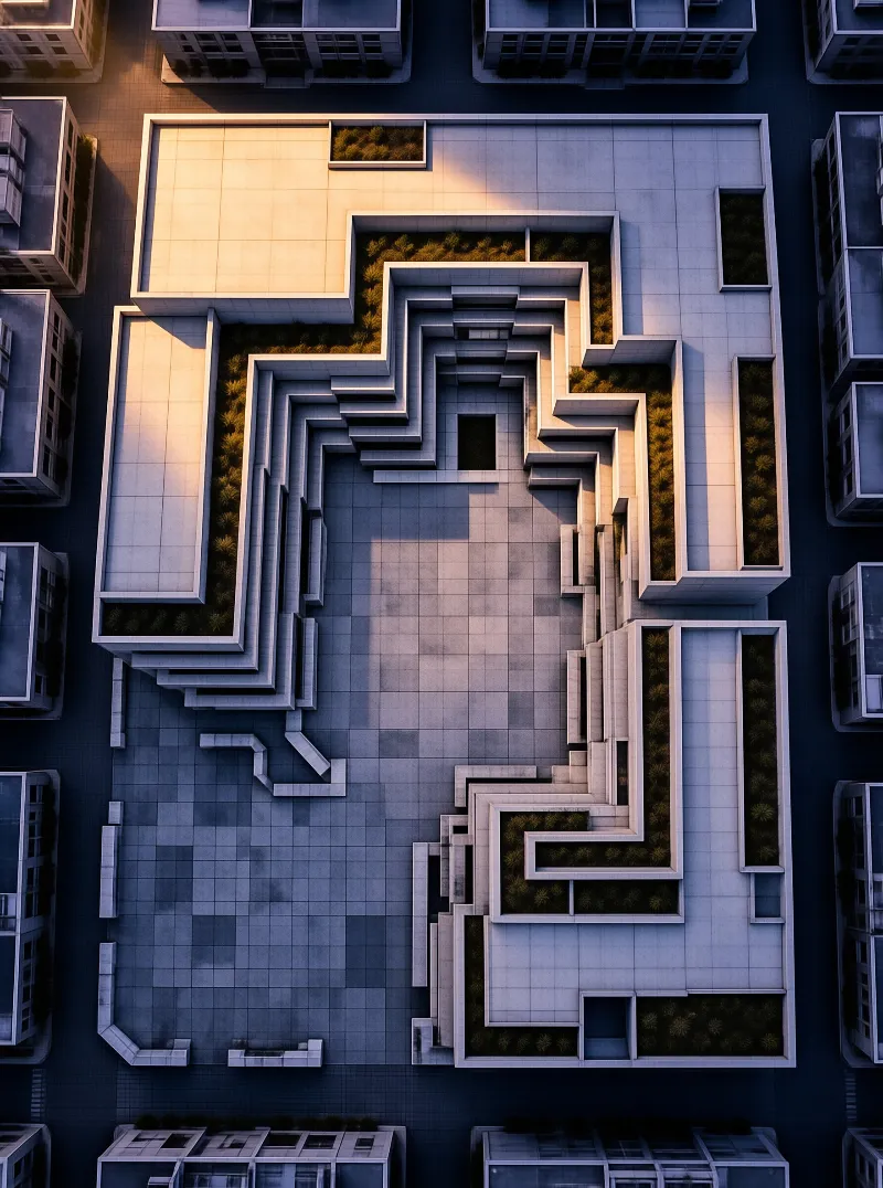 An aerial view of angular stone terraces and green planter beds arranged like a maze touched by warm low sunlight.