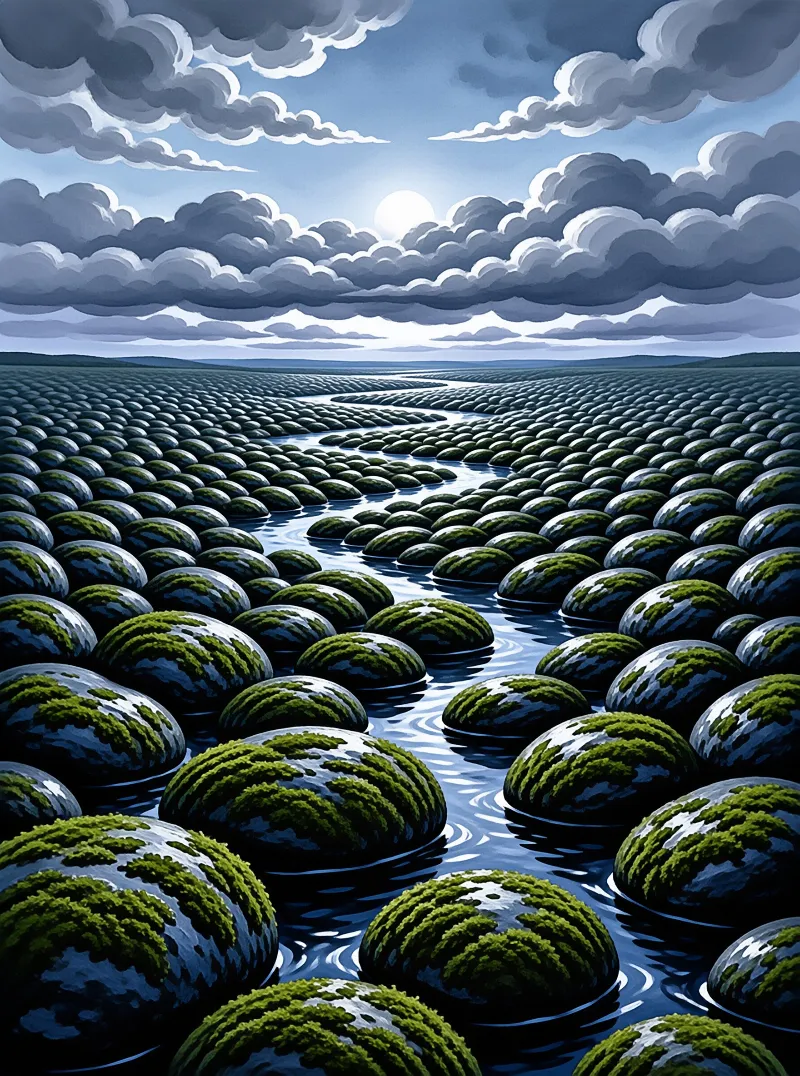 A winding stream flows between endless rows of round mossy stones under a dramatic sky with low clouds and a bright sun.