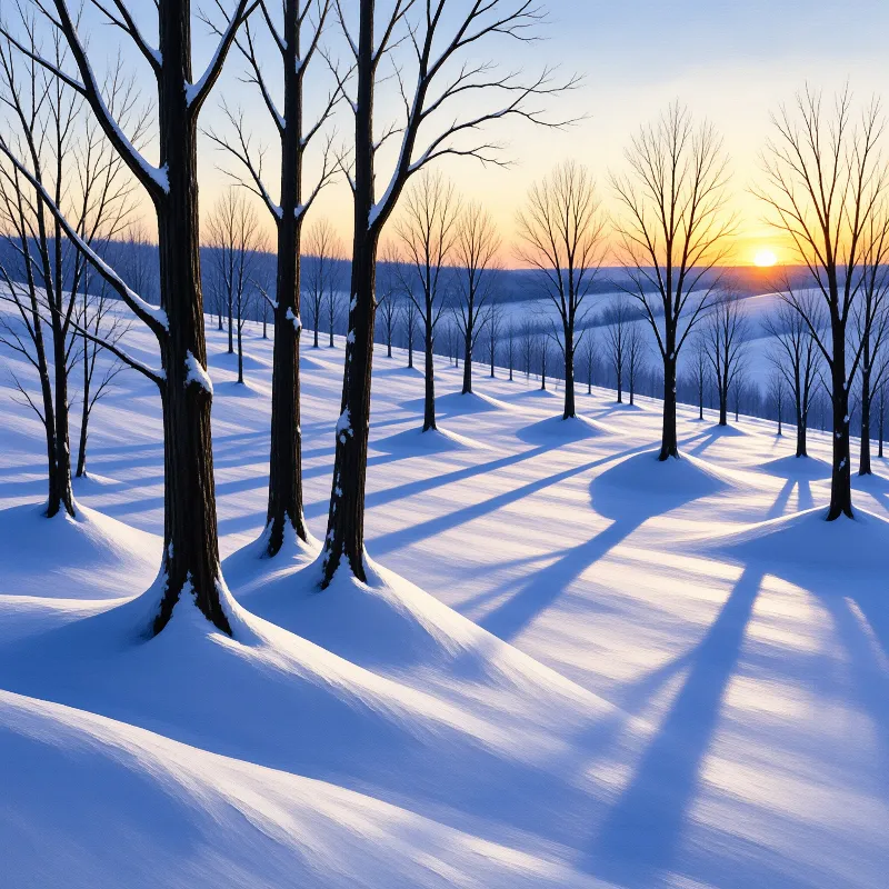Rows of leafless trees stand on a snow-covered hill casting long shadows under a warm sunset sky.