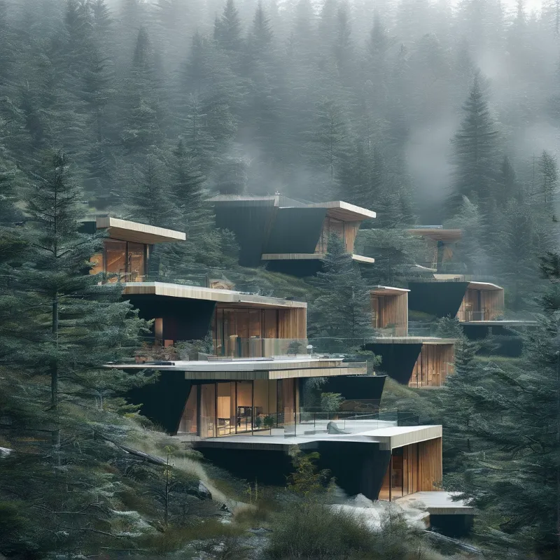 Modern wooden cabins with deep roofs are terraced along a misty pine-covered hillside.