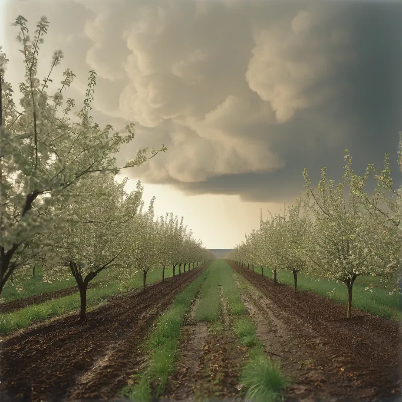 Rows of white flowering trees stretch along a dirt path in an orchard while dark heavy clouds gather overhead creating a moody atmosphere.