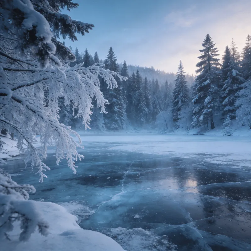Snow-Covered Pines by a Frozen Lake