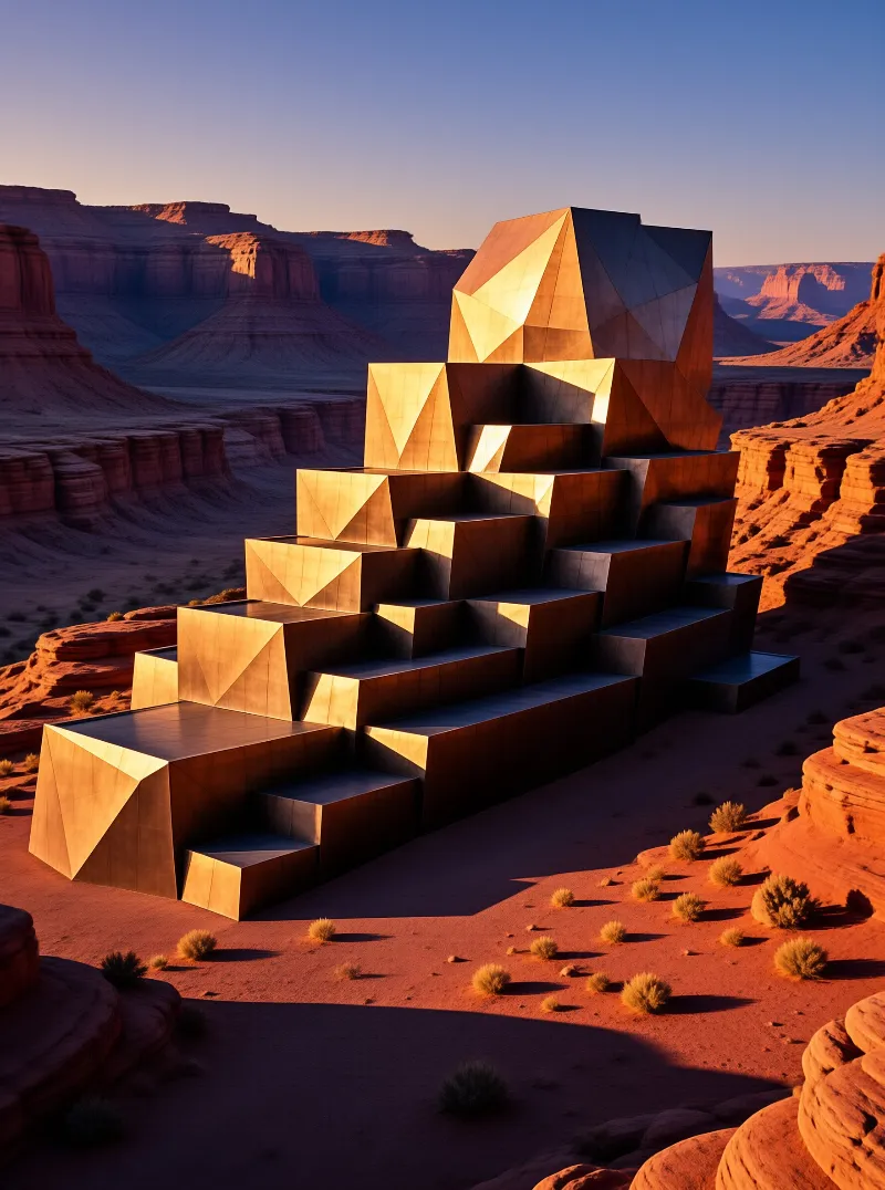 A large golden geometric structure resembling a staircase rises from the red desert sand near rocky cliffs.