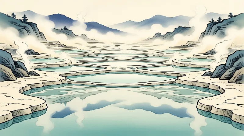 Hand drawn illustration of layered turquoise steaming hot spring terraces framed by pine dotted dark blue mountain peaks and soft pale mist.