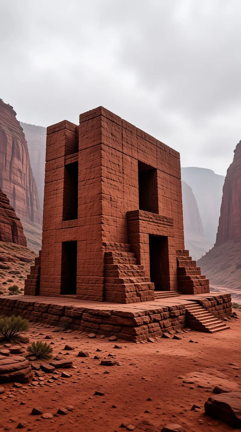 A windowless cube of stacked red stone rises on a stepped plinth amid hazy desert cliffs.