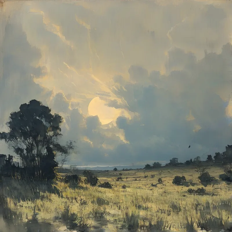 A bright orb shines through heavy clouds above a dark tree and open grassy terrain illuminated by soft yellow light.