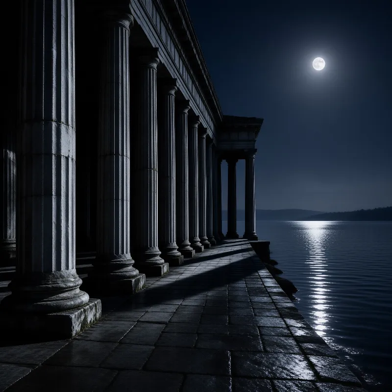 Stone columns line the waterfront at night, lit by a bright full moon casting a shimmering reflection on the dark water.