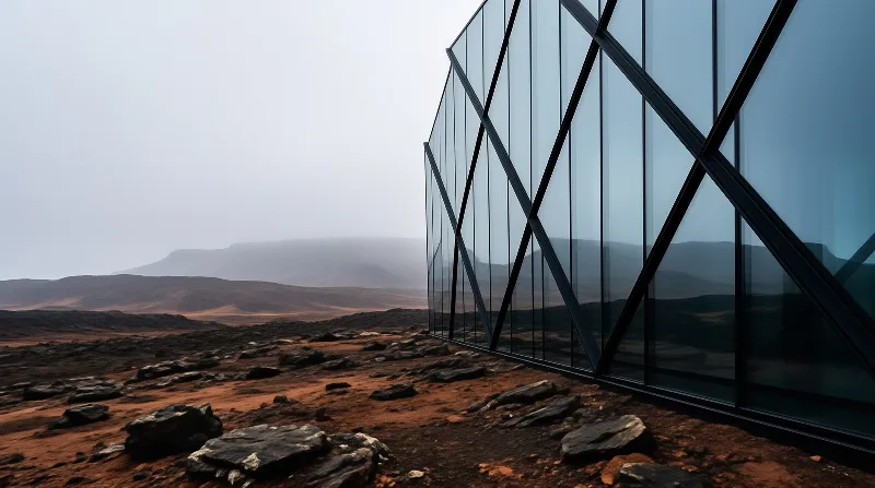 Diagonal steel bracing supports a blue reflective wall that mirrors fog over an iron-coloured landscape.