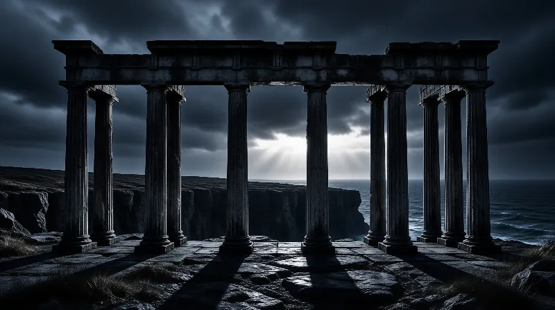 Broken stone pillars stand on a rocky cliff overlooking a dark ocean under a heavy sky pierced by faint sunlight.