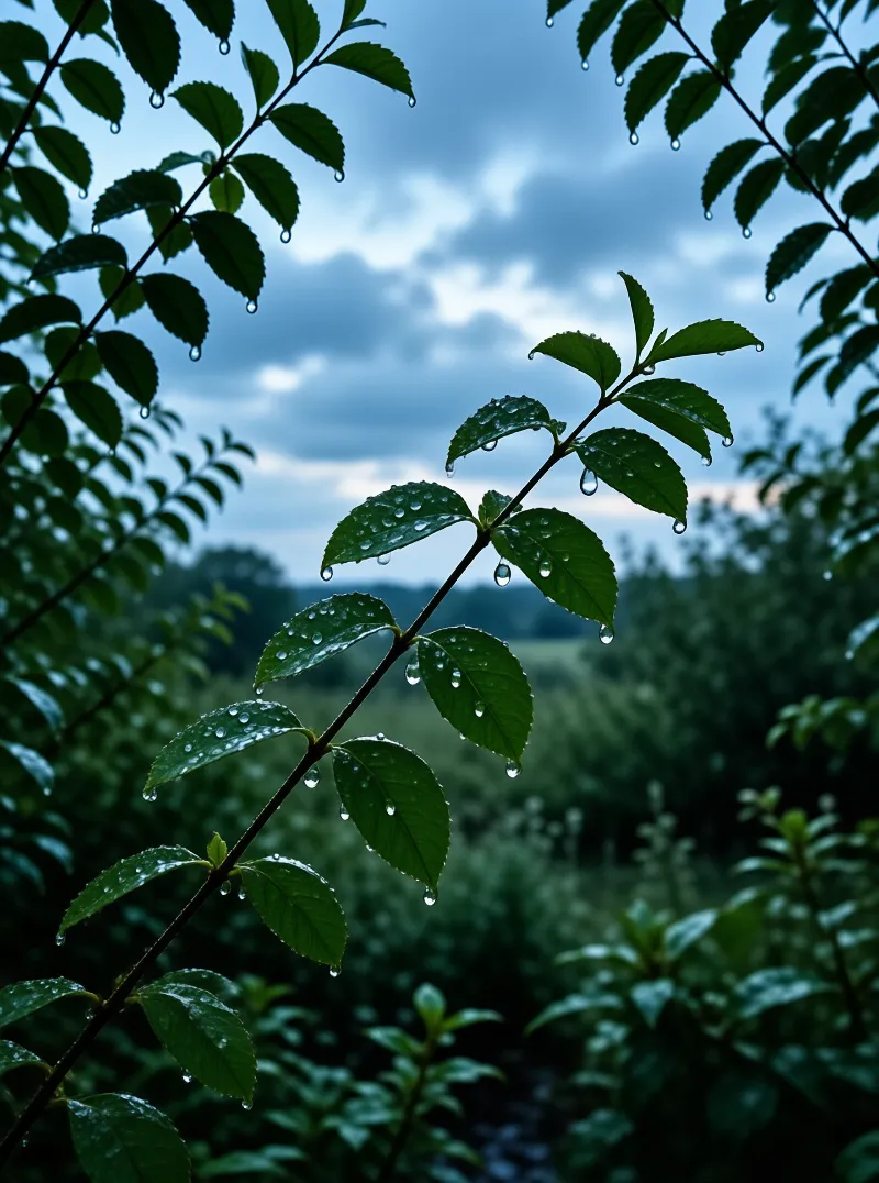 A tree branch covered in water droplets hangs against a backdrop of blurry blue sky and dark clouds.