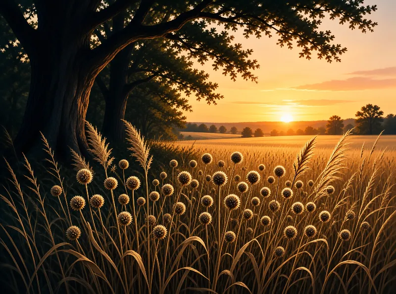 Silhouetted trees border a meadow of round seed heads illuminated by golden hour sunlight.