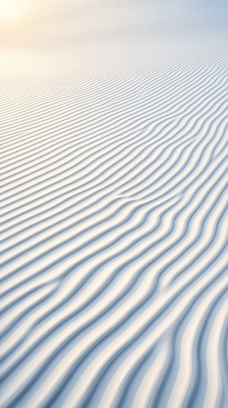 Wavy ripples cover a vast white desert surface illuminated by gentle sunlight casting subtle blue shadows.
