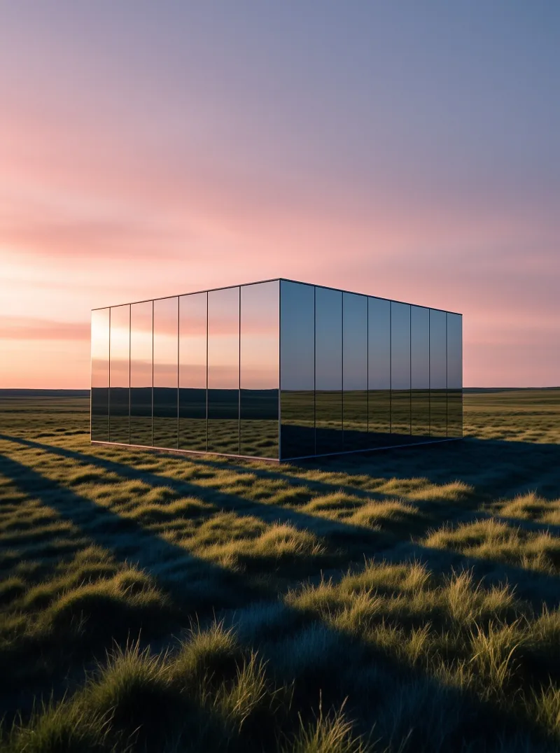 A large mirrored cube stands in a grassy field perfectly reflecting the pink and blue gradient of the sunset sky.