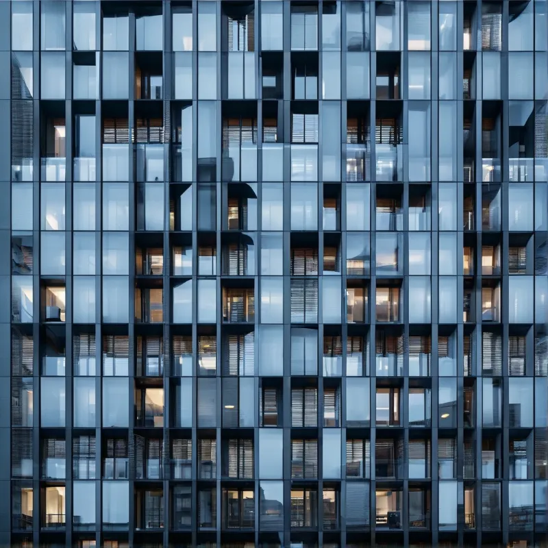 Blue glass windows form a grid on a tall building exterior where warm interior lights glow through some darkened panes.