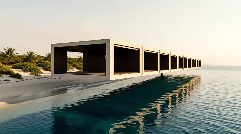 A minimalist white structure with repeating rectangular frames extends over calm teal ocean water.