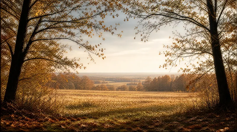 Two tall oak trees frame a golden autumn field, with distant trees and fields stretching to the horizon under soft light