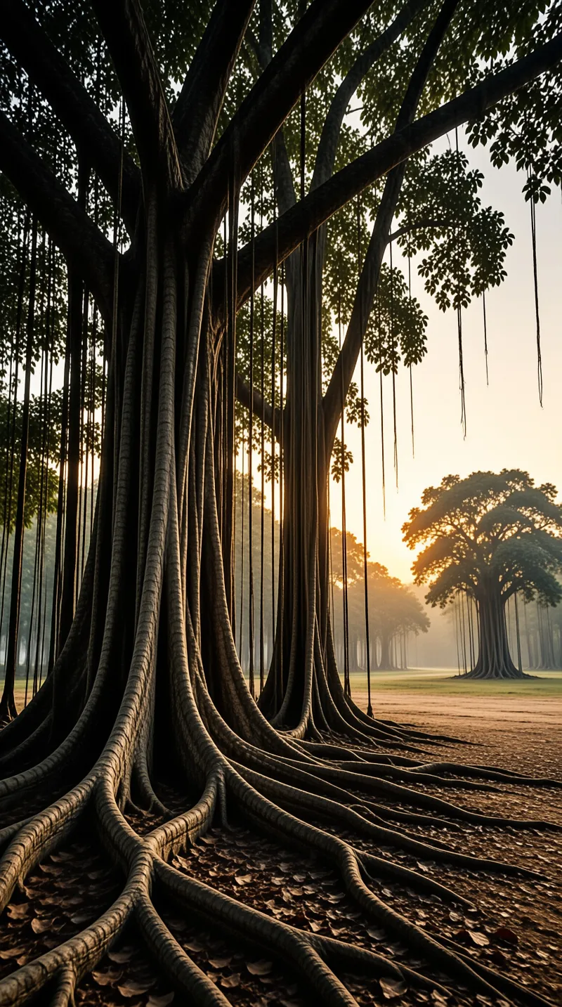 Massive aerial roots hang down to the forest floor as warm sunlight breaks through the misty trees in the distance.