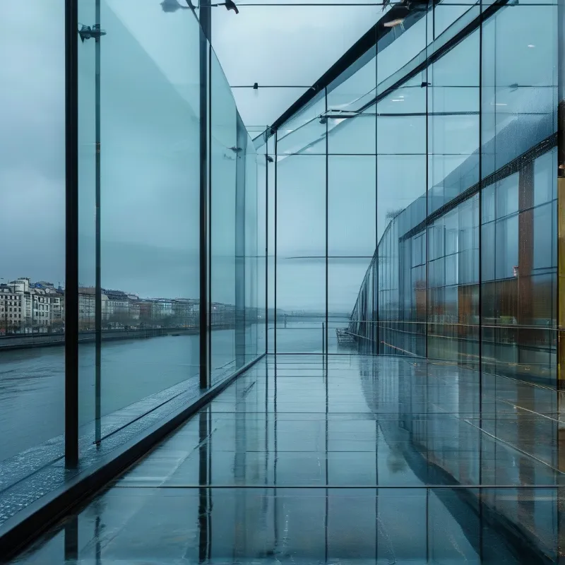 Transparent corridor runs parallel to a wide river while wet floor tiles reflect cool blue tones of a cloudy day.