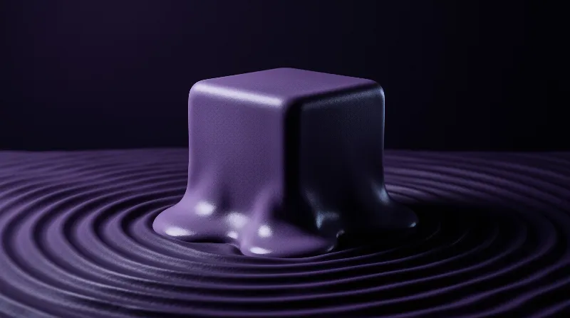 A matte purple cube merges with a dark rippled surface creating concentric waves under soft directional light.