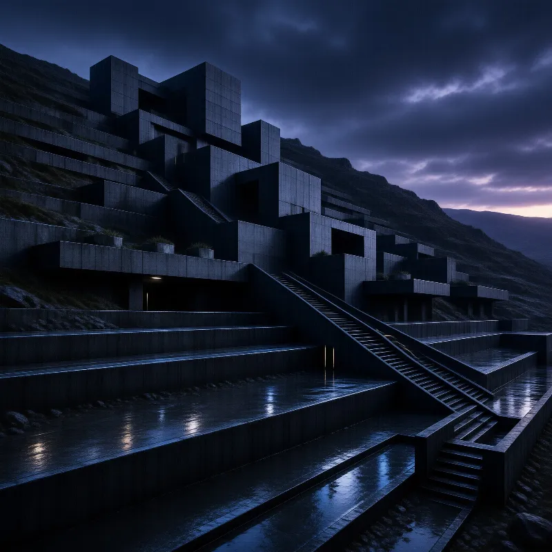 A large geometric concrete building is built into a hillside with stairs and reflecting pools at dusk.