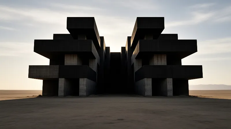A large brutalist concrete gate stands on a flat desert plain beneath a pale gradient sky at sunset.
