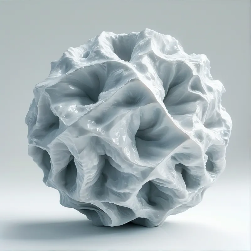 A distorted white organic form with deep crevices rests on a neutral gray backdrop with soft highlights.