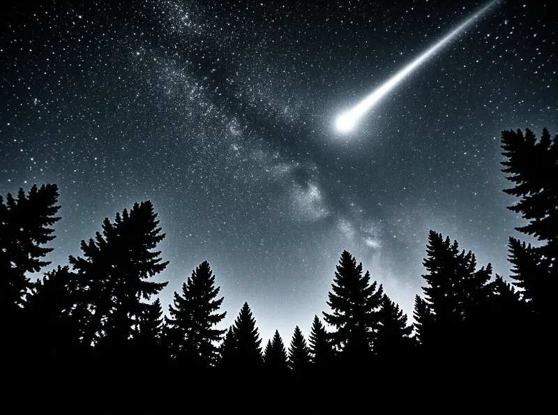 A bright meteor trails across a star-filled night sky above dark pine trees.
