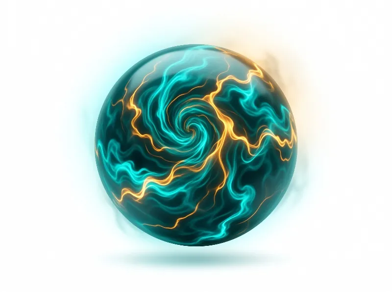 A transparent ball containing turbulent cyan and orange energy streams floating above a clean white surface
