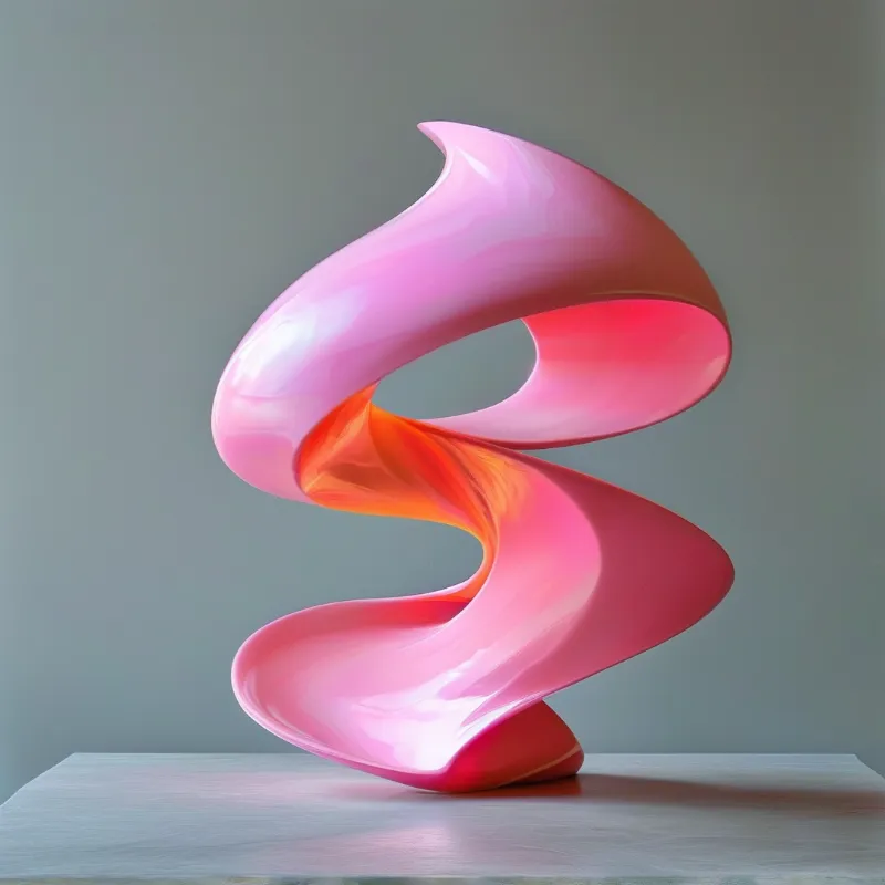 A shiny pink and orange twisted shape sits on a light table against a plain gray wall.