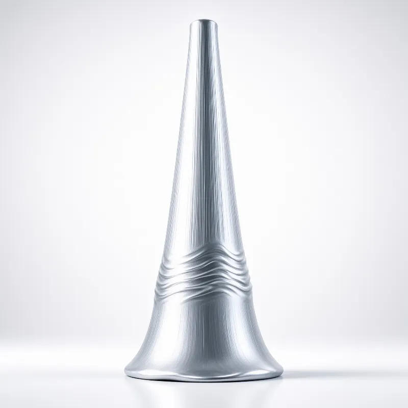 A slender silver vessel features horizontal ripples near its base against a bright white studio background.