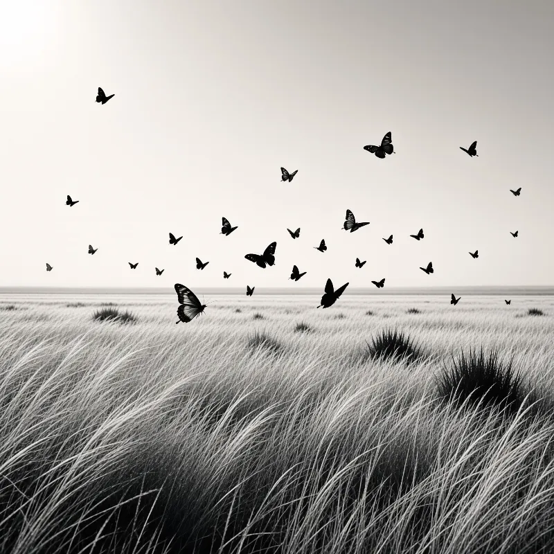 A black and white photograph showing a swarm of butterflies hovering above a vast field of tall grass.