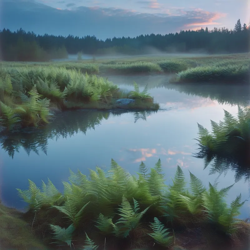 Fresh green ferns fringe the still wetland pond, which reflects a misty conifer forest and soft pink dawn sky on its calm blue surface.