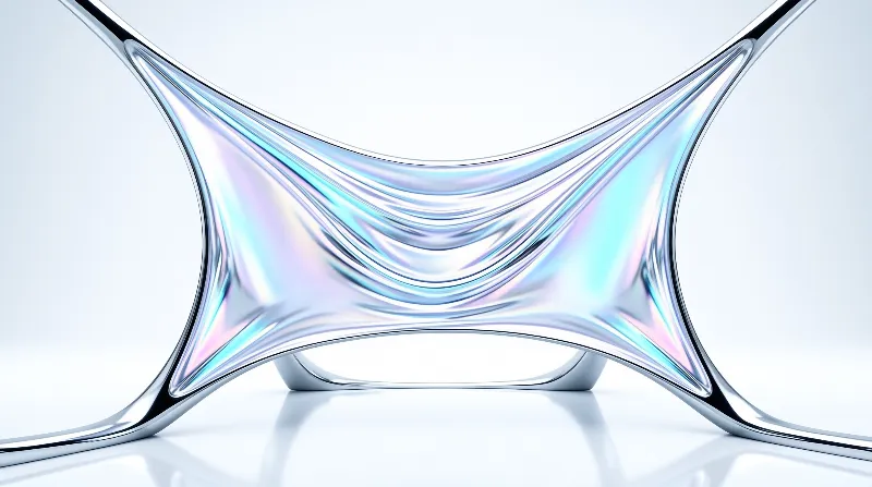 A shiny silver object with iridescent blue hues sits stretched across a white reflective floor.