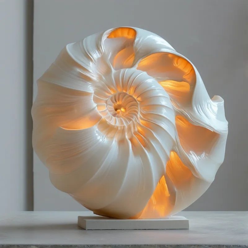 A white spiral shell sculpture rests on a base, emitting warm amber light from within its chambers against a plain wall.