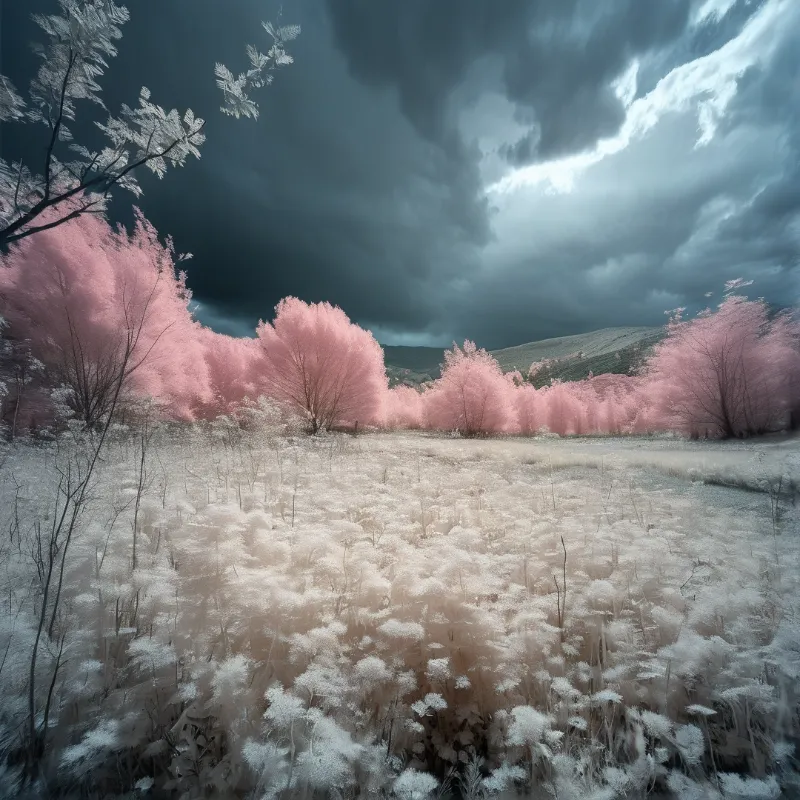 Frost-covered pink trees line a snowy field beneath a dark stormy sky with patches of light.