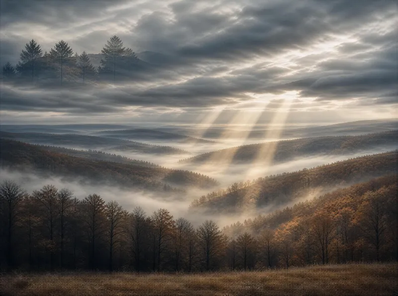 Rolling forested hills with autumn foliage, mist in valleys, and sunlight streaming through clouds.