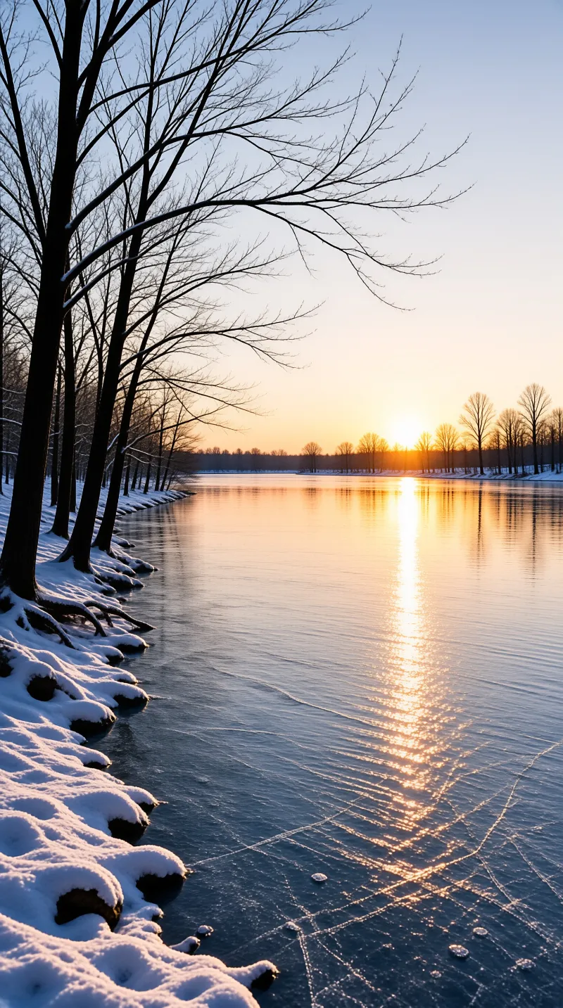 Winter Lake Sunset Landscape