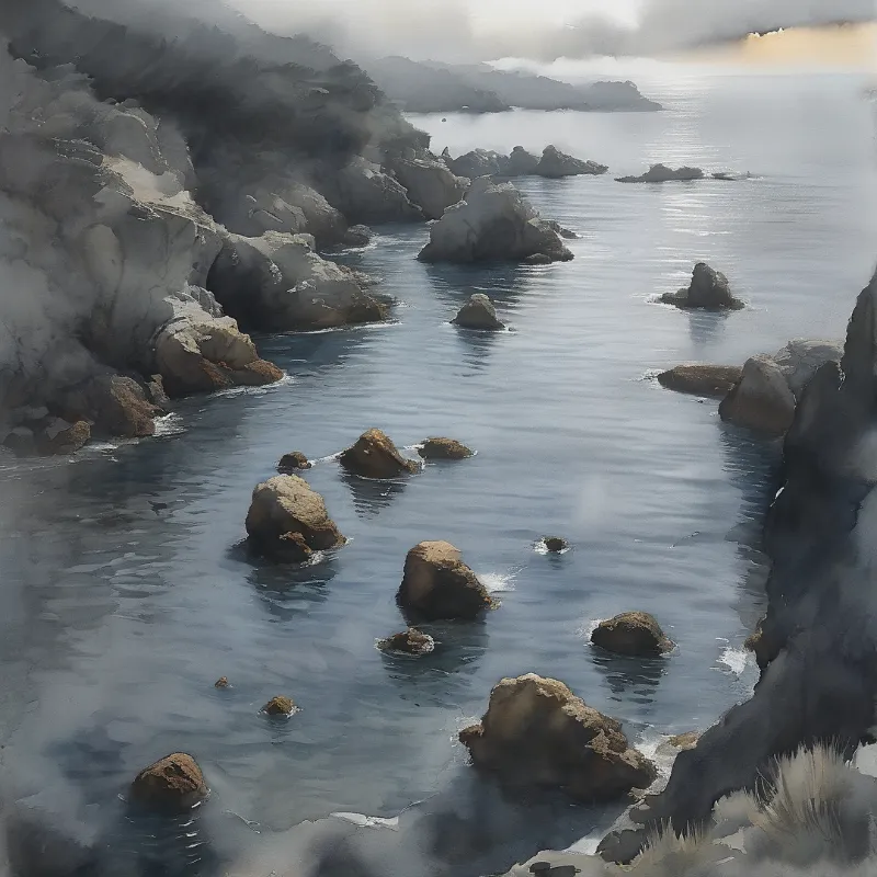 A watercolor painting shows a quiet bay with dark jagged rocks emerging from calm gray water under a pale hazy sky.