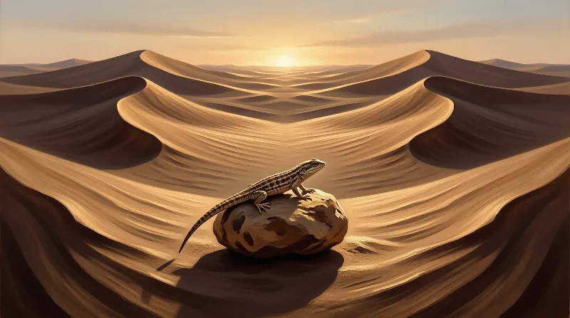 A patterned lizard sits atop a smooth rock surrounded by rolling sand dunes under a setting sun.
