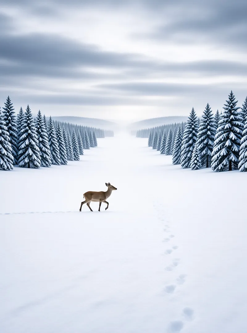 A single brown deer steps across a white frozen plain bordered by dense evergreen trees under a cloudy sky.