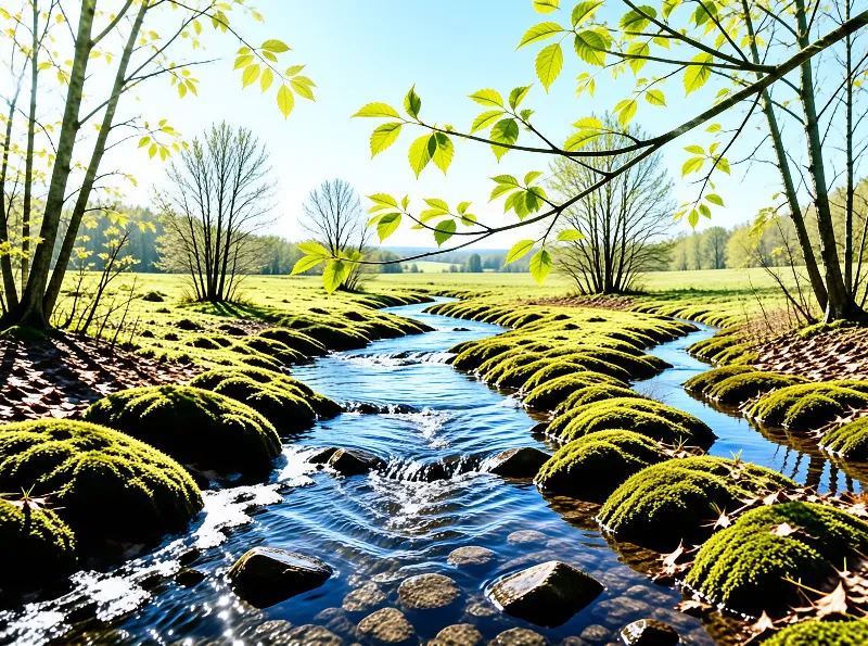 A winding river flows between rows of vibrant green moss covered mounds under sunny weather