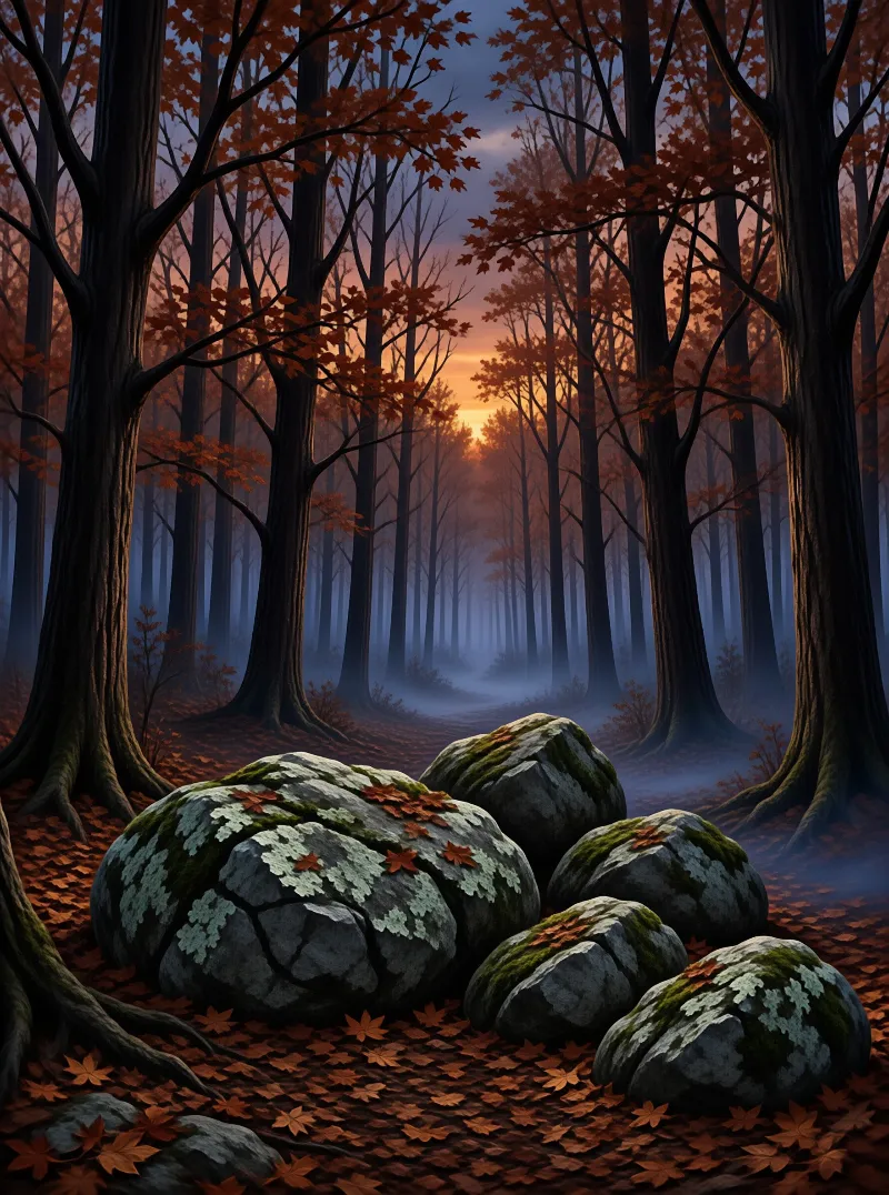 Lichen crags rest among fallen maple leaves as dusk mist drifts between tall trunks.