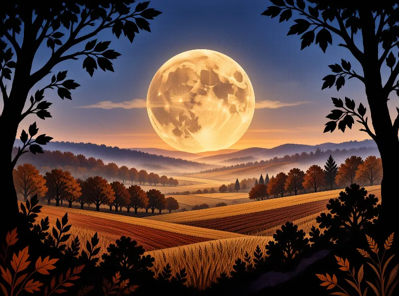 A large warm orange full moon rises above rolling misty golden autumn farmland framed by dark silhouetted trees in the foreground.