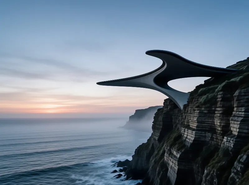 A smooth curved structure extends from a rocky mountain side facing the calm ocean under a soft pink and blue sky.
