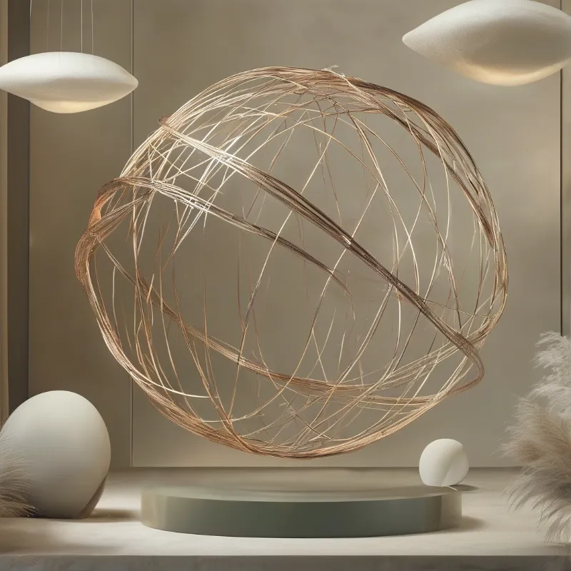 Loops of thin bronze thread form an open ball above a round pedestal, flanked by smooth white forms.