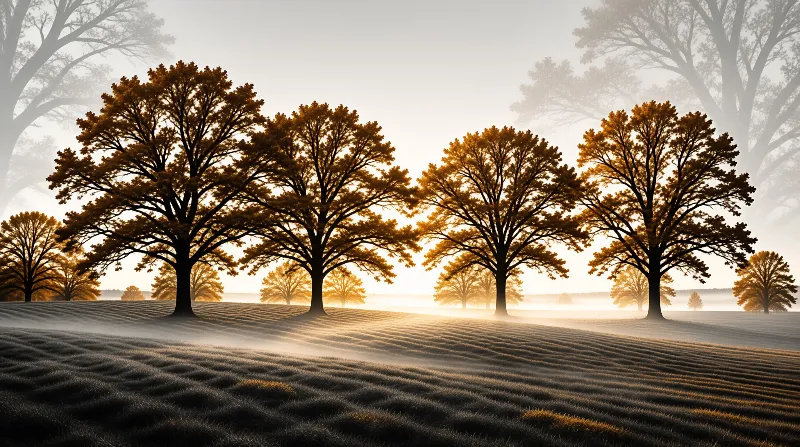 Autumn trees line a misty field while low fog obscures the distant horizon.