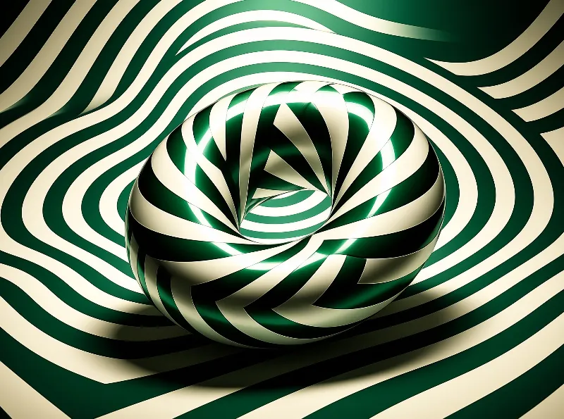 A glossy twisted form featuring alternating dark green and cream stripes sits within a wavy optical illusion field.