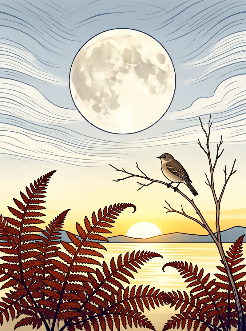 A small songbird sits on a bare branch while a pale moon and low sun hang over stylized red ferns.