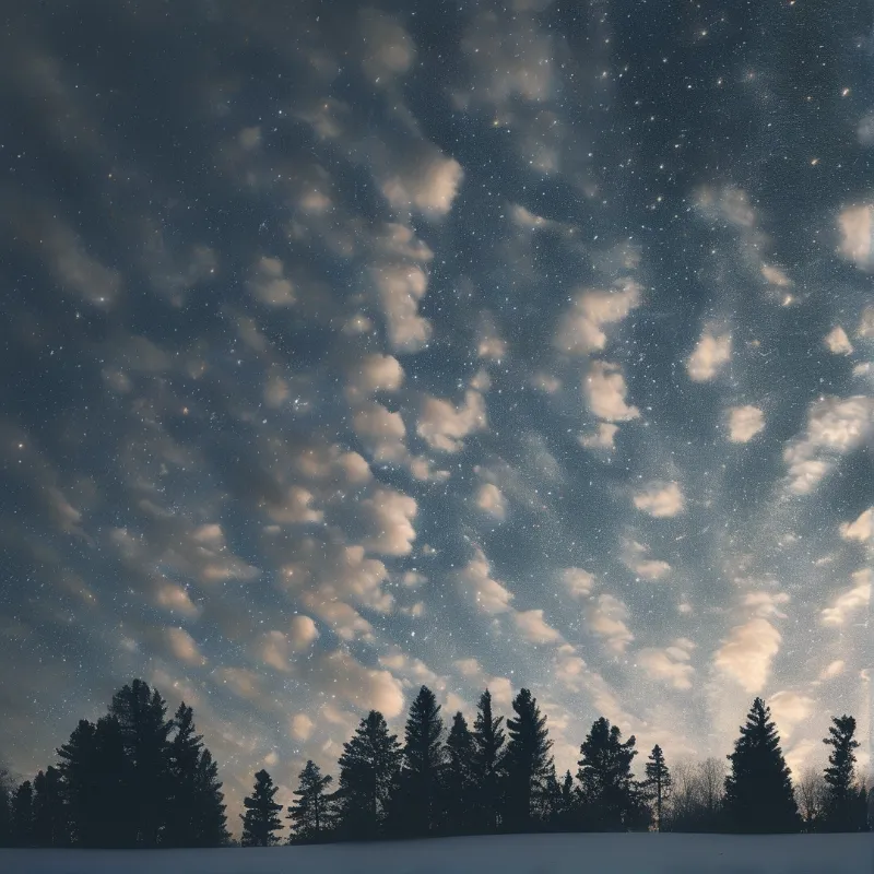 Silhouetted pine trees stand below a starry sky filled with scattered clouds and bright celestial lights.