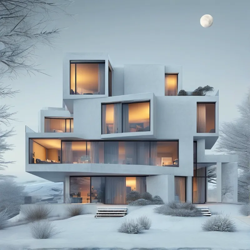 A blocky modern house glows warmly through tall windows while a full moon rises over the snowy ground.